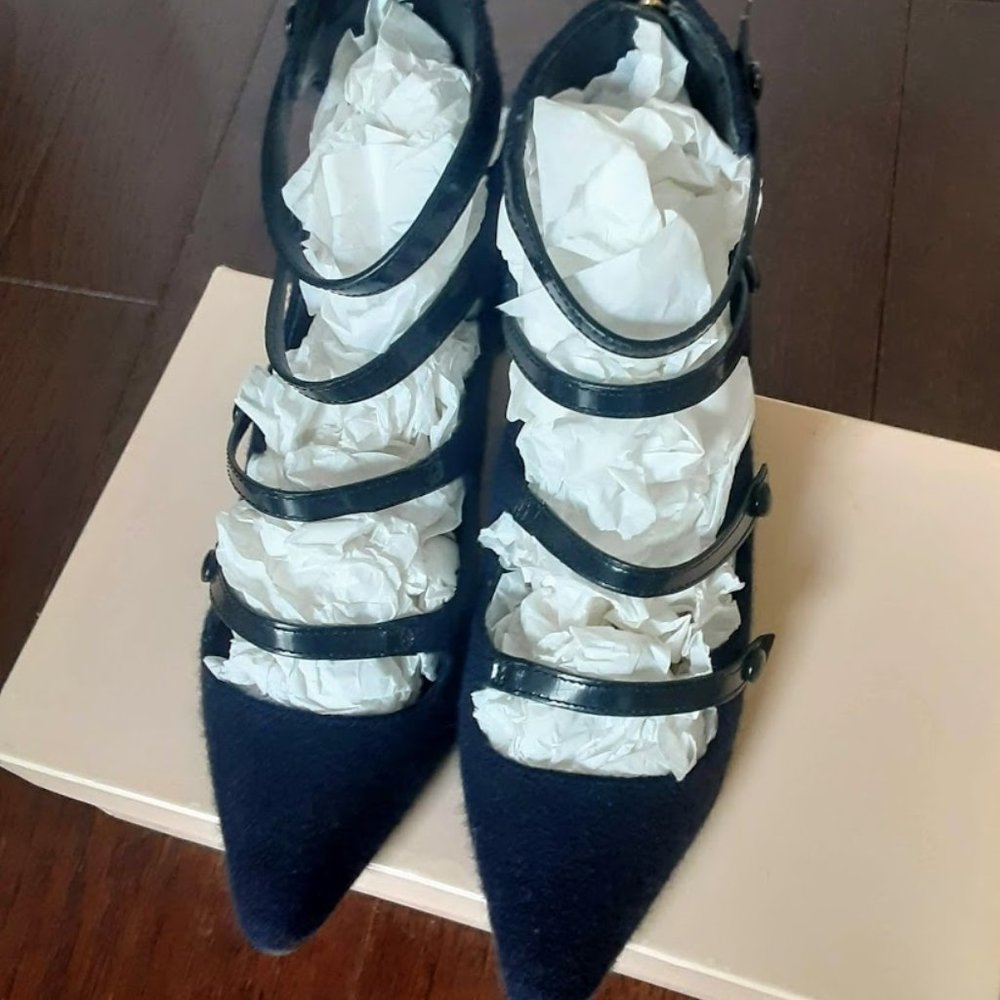 Tory Burch strappy blue felt pumps